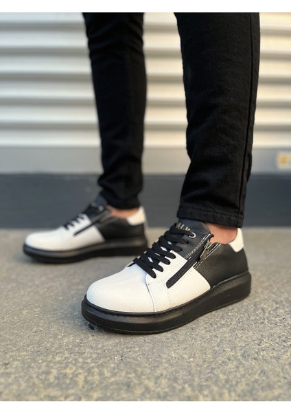 JY155 Warrior Bağcıklı ve Fermuarlı Cilt Erkek Günlük Sneaker Ayakkabı Cst - Siyah/beyaz