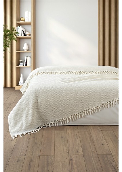 %100 Pamuk Çift Kişilik Bağlama Saçaklı Pike-220x240 cm-Krem