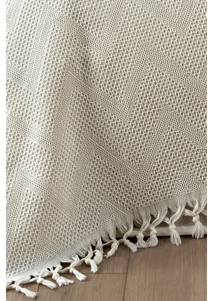 %100 Pamuk Çift Kişilik Bağlama Saçaklı Pike-220x240 cm-Krem fiyatları