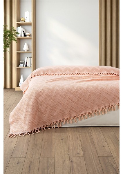 %100 Pamuk Çift Kişilik Bağlama Saçaklı PIKE-220X240 Cm-Pudra