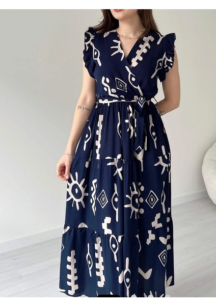 Kruvaze Yaka Omuzu Fırfırlı Elbise