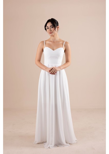 Kalp Yaka Şifon Kırık Beyaz Askılı Nikah & Dış Çekim Elbisesi fiyatları