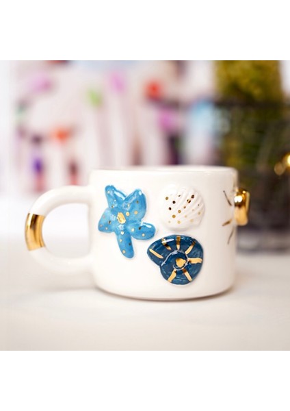 24K Altın Süslemeli Okyanus Temalı El Yapımı Seramik Mug