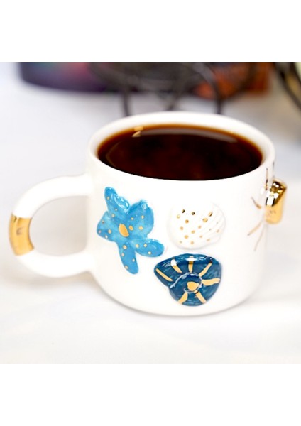 24K Altın Süslemeli Okyanus Temalı El Yapımı Seramik Mug
