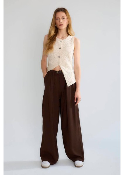 Kemerli Geniş Paça Kahve Kadın Pantolon D83910-2Y5