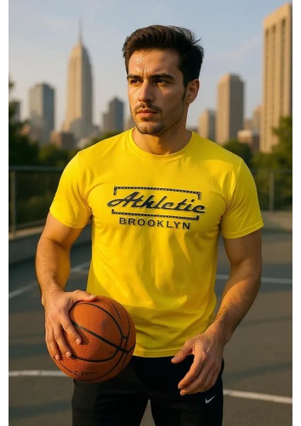 Erkek Sarı Slim Fit Kabartma Baskılı Pamuklu T-Shirt fiyatları