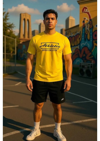 Erkek Sarı Slim Fit Kabartma Baskılı Pamuklu T-Shirt modelleri