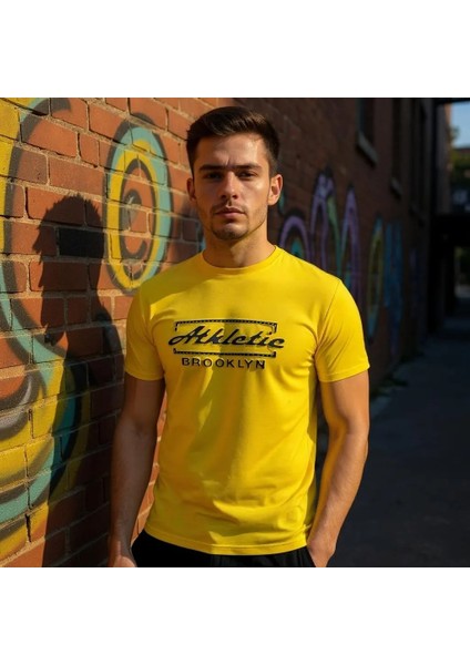 Erkek Sarı Slim Fit Kabartma Baskılı Pamuklu T-Shirt fırsatları