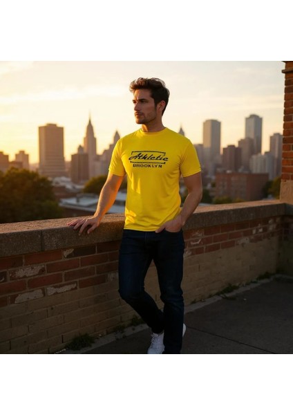 Erkek Sarı Slim Fit Kabartma Baskılı Pamuklu T-Shirt indirimleri