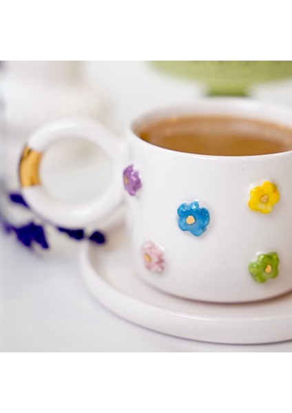 Rengarenk Papatya Temalı 24K Altın Süslemeli Seramik Mug