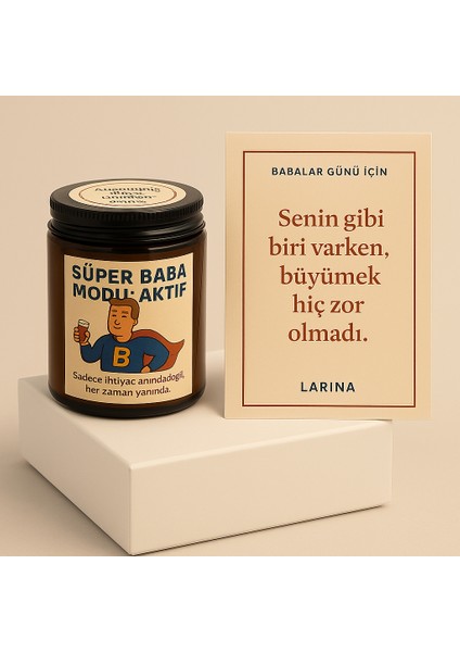 Süper Baba Modu Aktif” Babalar Günü Hediye Seti – Amber Mum & Duygusal Kart
