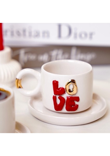 El Yapımı 24K Altın Süslemeli Aşk Temalı Seramik 2'li Double Türk Kahvesi Fincan Seti fiyatları