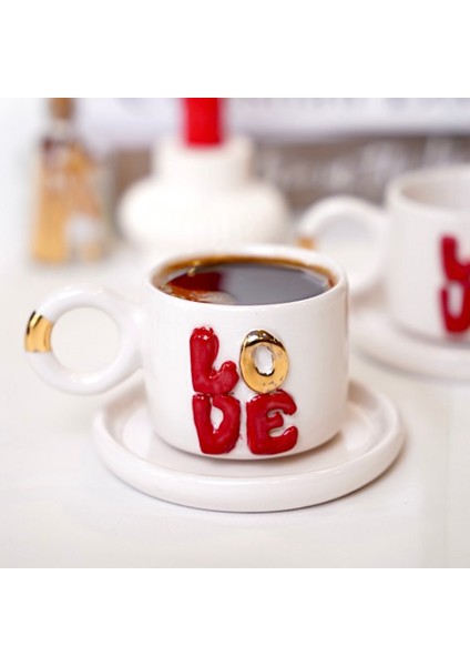 El Yapımı 24K Altın Süslemeli Aşk Temalı Seramik 2'li Double Türk Kahvesi Fincan Seti modelleri