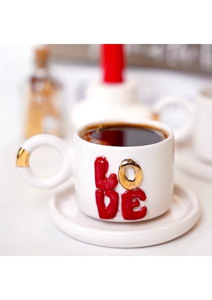 El Yapımı 24K Altın Süslemeli Aşk Temalı Seramik 2'li Double Türk Kahvesi Fincan Seti fırsatları