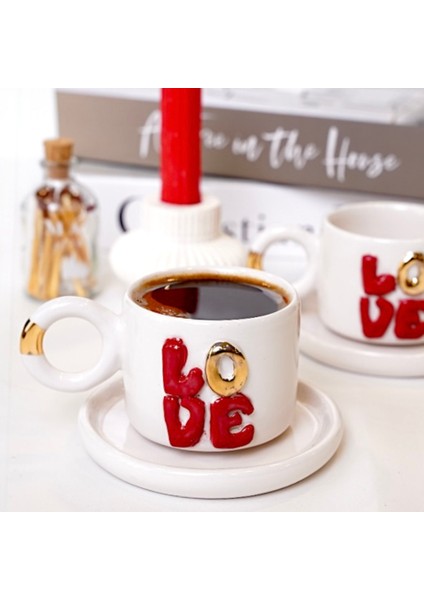 El Yapımı 24K Altın Süslemeli Aşk Temalı Seramik 2'li Double Türk Kahvesi Fincan Seti indirimleri