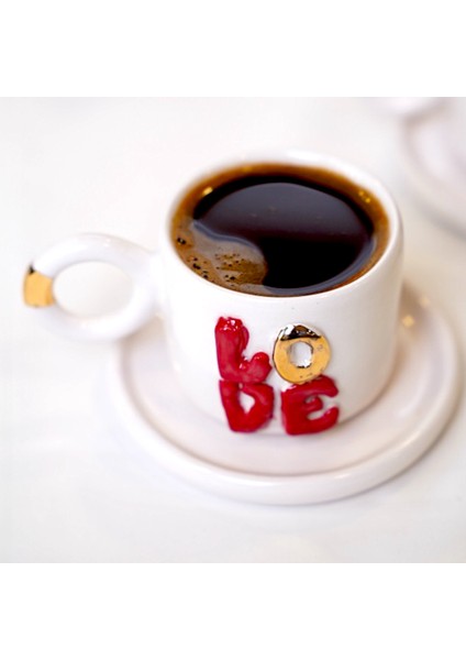 El Yapımı 24K Altın Süslemeli Aşk Temalı Seramik 2'li Double Türk Kahvesi Fincan Seti