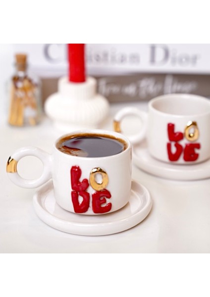 El Yapımı 24K Altın Süslemeli Aşk Temalı Seramik 2'li Double Türk Kahvesi Fincan Seti