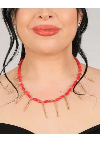 El Yapımı Mercan & Bronz Çubuk Sallantılı Kolye – Boho Vintage Statement Takı