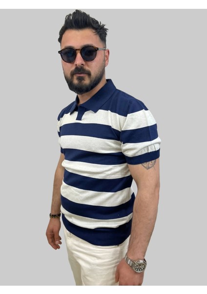 Erkek Parçalı Slim Fit Polo Yaka Lacivert-Taş Triko Tişört fiyatları