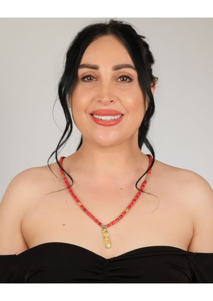 Kırmızı Mercan & Turkuaz Dokunuşlu Bronz ‘yılan' Tılsım Kolye