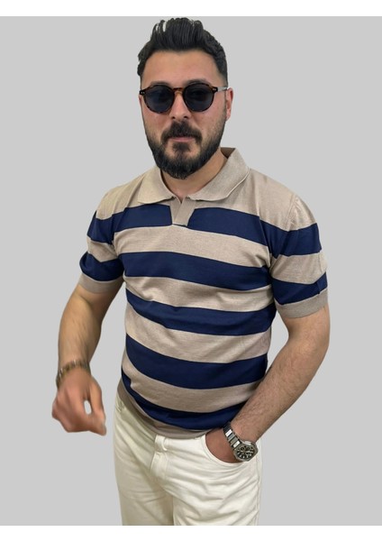 Erkek Parçalı Slim Fit Polo Yaka Lacivert-Kahve Köpüğü Triko Tişört