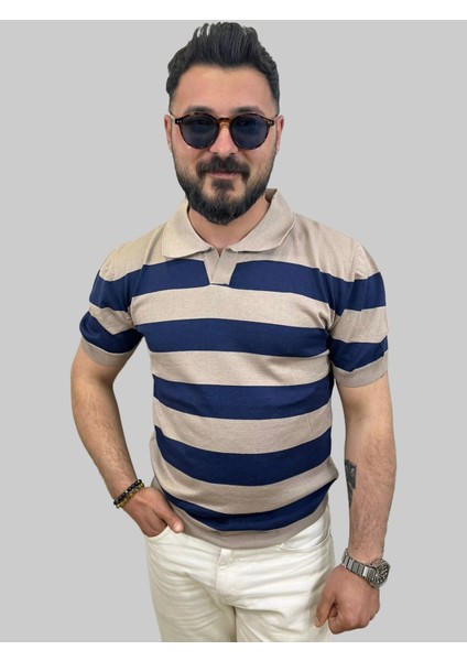 Erkek Parçalı Slim Fit Polo Yaka Lacivert-Kahve Köpüğü Triko Tişört modelleri