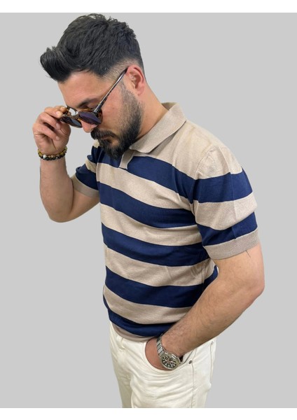 Erkek Parçalı Slim Fit Polo Yaka Lacivert-Kahve Köpüğü Triko Tişört indirimleri
