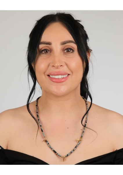 Kar Tanesi Obsidyen & Bronz Deniz Yıldızı Charm Kolye