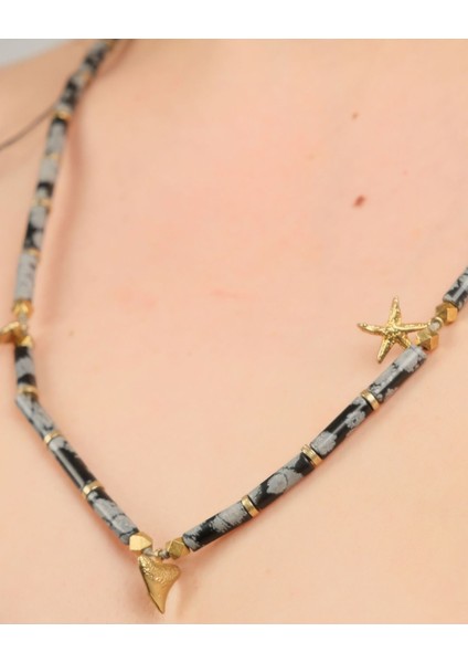 Kar Tanesi Obsidyen & Bronz Deniz Yıldızı Charm Kolye