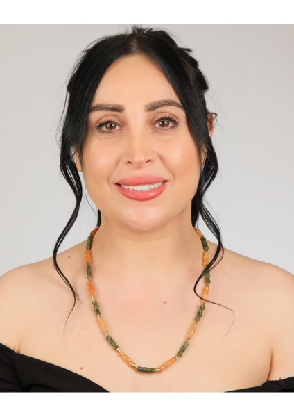 Bambu Kesim Yeşim-Akik Kolye · Bronz Ara Konikler ile Bohem Canlılık