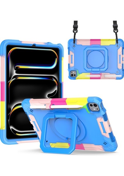 iPad Pro 11 2024 Döner Destek Standı Pc+Silikon Tablet Kılıfı ve Omuz Askısı (Yurt Dışından)