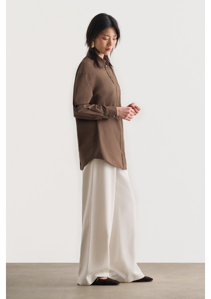 Premium Saf Pamuk Kahverengi Oversize Gömlek modelleri