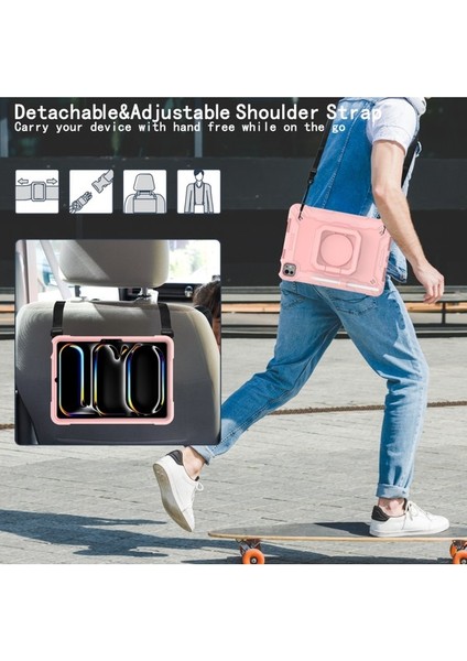 iPad Pro 11 2024 Döner Destek Standı Pc+Silikon Tablet Kılıfı ve Omuz Askısı (Yurt Dışından)