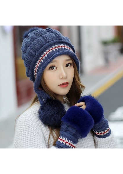 Kış Bayanlar Örgü Şapka Eln 2 Parça Set-Beyaz (Yurt Dışından)