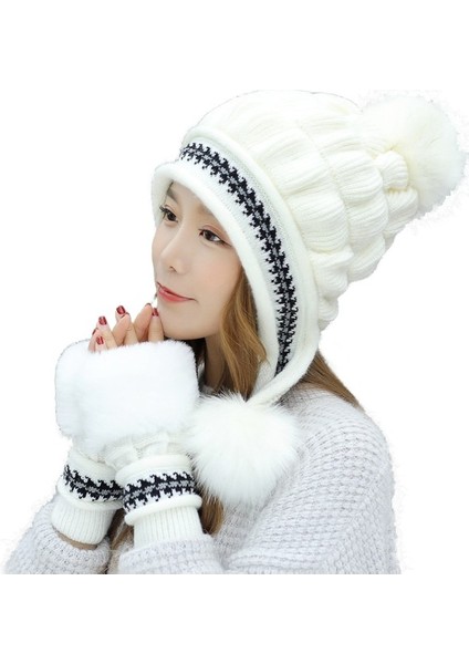 Kış Bayanlar Örgü Şapka Eln 2 Parça Set-Beyaz (Yurt Dışından)