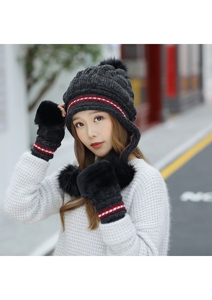 Kış Bayanlar Örgü Şapka Eln 2 Parça Set-Beyaz (Yurt Dışından)