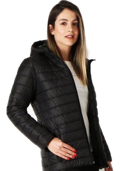 Fiona Kapşonlu Kadın Siyah Şişme Mont 602 T42-K