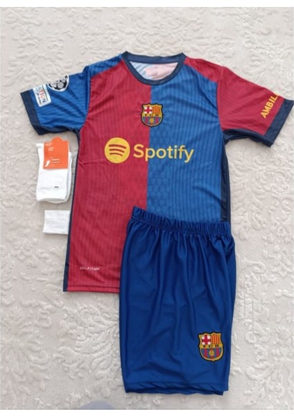 Barcelona Lamine Yamal Bordo Mavi Çocuk Tarftar Forma Takımı 4'lü Set Çorap+Bileklik Hediyeli