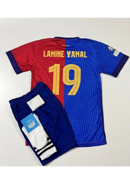 Barcelona Lamine Yamal Bordo Mavi Çocuk Tarftar Forma Takımı 4'lü Set Çorap+Bileklik Hediyeli