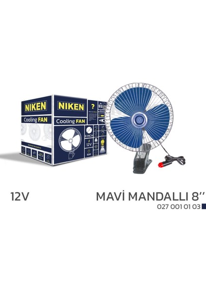 Araç Içi Vantilatör Mavi Mandallı 12VOLT 8 Inç Niken