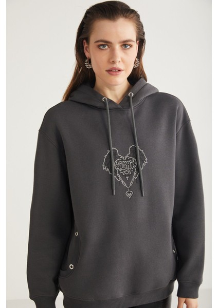 Shara Kadın Kapüşonlu Taş Işlemeli Antrasit Sweatshirt modelleri
