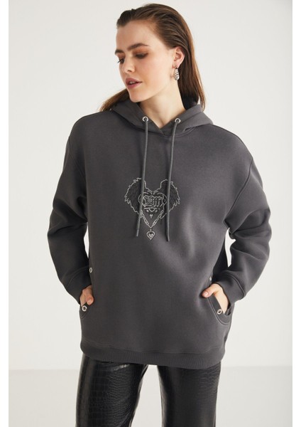 Shara Kadın Kapüşonlu Taş Işlemeli Antrasit Sweatshirt fırsatları