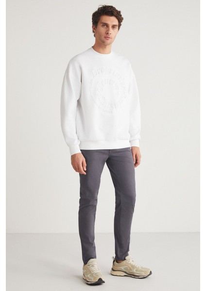 Rodrigo Erkek Bisiklet Yaka Scuba interlok Emboss Baskı Ekru Sweatshirt