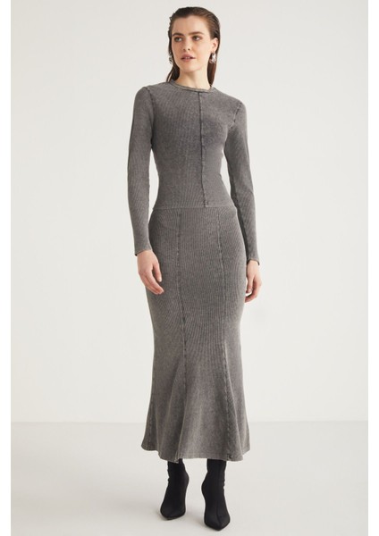 Cateline Kadın Slim Fit Beli Lastikli Vucudu Saran Midi Gri Etek