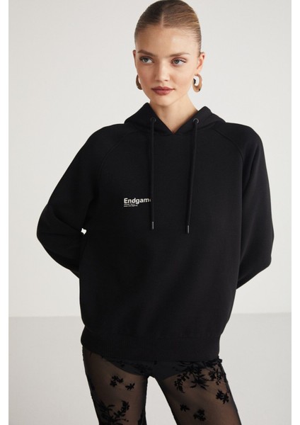 Ana Kadın Kapüşonlu Pamuk 3 Iplik Arka Baskılı Siyah Sweatshirt fırsatları