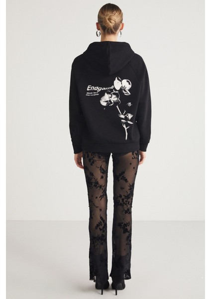 Ana Kadın Kapüşonlu Pamuk 3 Iplik Arka Baskılı Siyah Sweatshirt