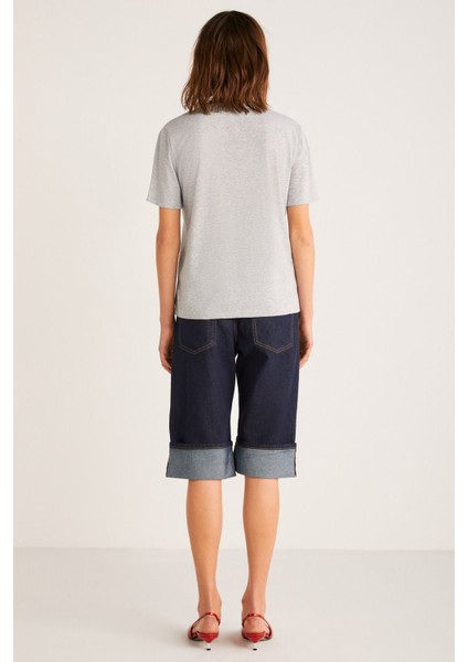 Elestren Kadın Oversize Kısa Kollu Önü Kırmızı Yazi Detaylı Gri T-shirt indirimleri