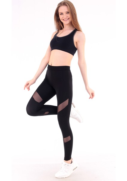 4029 Micro Mesh Ikili Çapraz Tül Bant Kadın Tayt