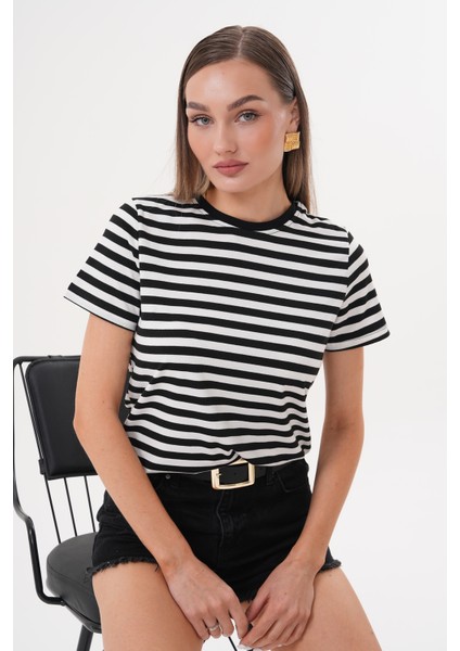 Kadın Çizgili T-Shirt Bisiklet Yaka Kısa Kollu Tişört Çizgili-Tişört
