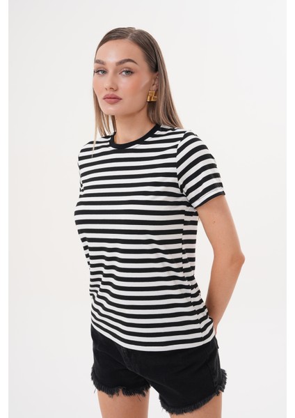 Kadın Çizgili T-Shirt Bisiklet Yaka Kısa Kollu Tişört Çizgili-Tişört fiyatları